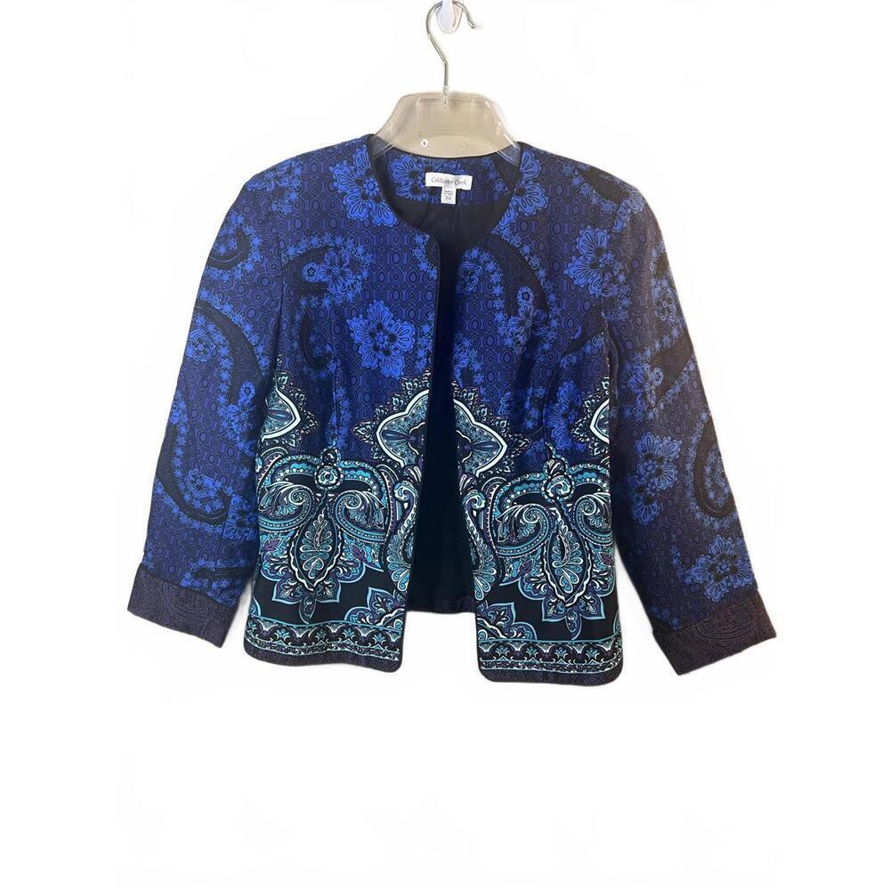 Coldwater Creek Blue Patterned Open Front Cotton Blazer Jacket Size 14 Petite - Picture 2 of 11